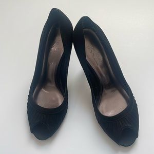 The Touch of Nina Peep Toe Black Satin heels. Size 10M